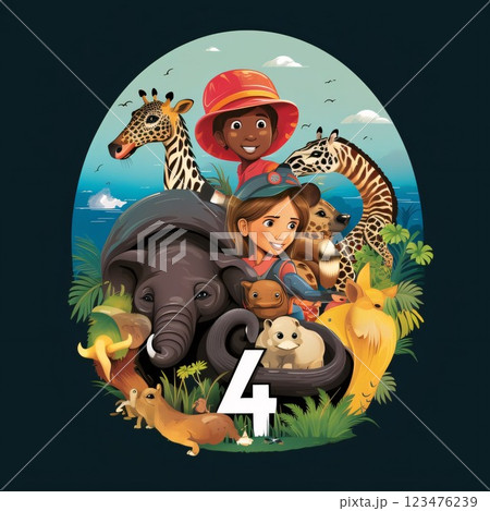 Children in safari theme with animals and safari hat illustration. 123476239