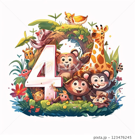 Number four with wild animals in the garden. Cartoon vector illustration. 123476245