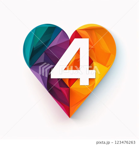 Number 4 in heart shape. Vector illustration. Colorful polygonal design 123476263