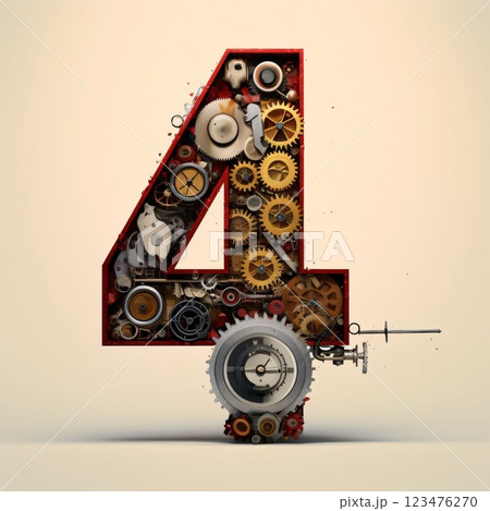Mechanical alphabet made from gears and cogwheels. Number 4 123476270