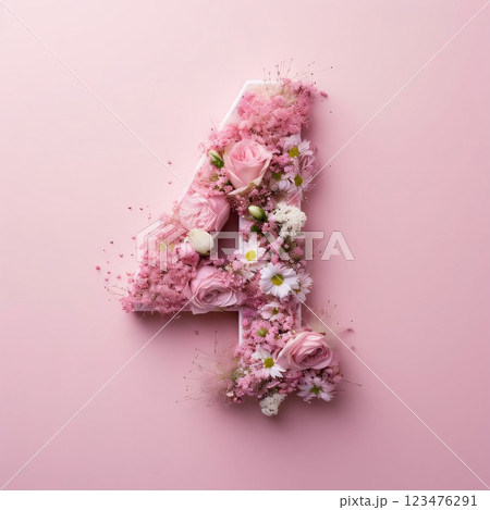 Number 4 made of flowers on pink background. Flat lay, top view Number 4 made of flowers on pink background. Flat lay, top view 123476291