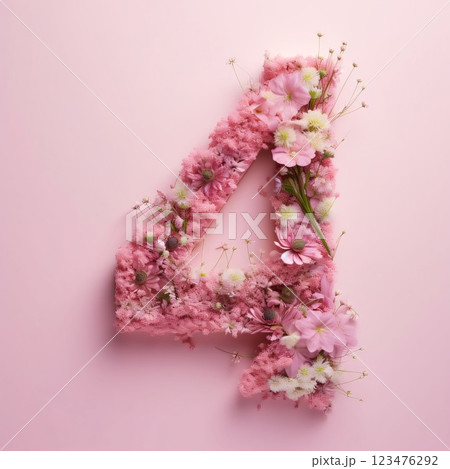 Alphabet made of pink flowers on a pink background. Letter 4 Alphabet made of pink flowers on a pink background. Letter 4 123476292