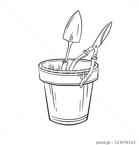Plant pot with a trowel and pruning shears inside. Isolated vector hand-drawn graphic illustration of a flowerpot, a spade and shears. Perfect for gardening, landscaping, and eco-friendly projects. Plant pot with a trowel and pruning shears inside. Isolated vector hand-drawn graphic illustration of a flowerpot, a spade and shears. Perfect for gardening, landscaping, and eco-friendly projects. 123476323