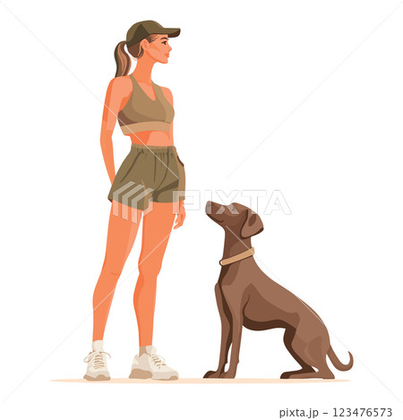 sporty young woman with dog isolated vector illustration 123476573