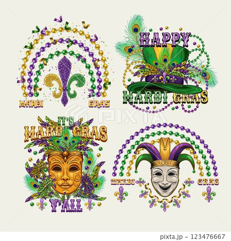Carnival Mardi Gras labels with masquerade masks, beads, feathers, text. Vintage illustrations on white background. For prints, clothing, t shirt, holiday goods design Carnival Mardi Gras labels with masquerade masks, beads, feathers, text. Vintage illustrations on white background. For prints, clothing, t shirt, holiday goods design 123476667