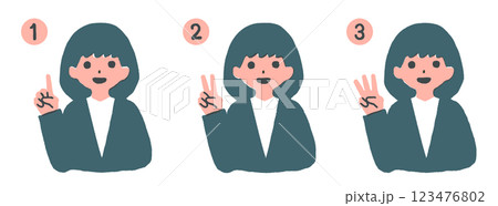 右手で1から3のジェスチャーをする女性のイラストセット 右手で1から3のジェスチャーをする女性のイラストセット 123476802