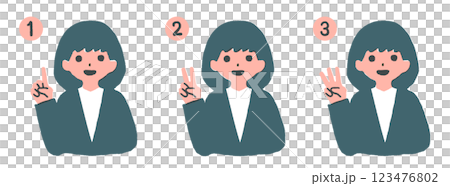 右手で1から3のジェスチャーをする女性のイラストセット 右手で1から3のジェスチャーをする女性のイラストセット 123476802