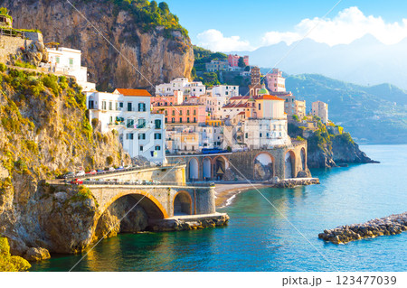 Beautiful view of Amalfi on the Mediterranean coast with lemons in the foreground, Italy 123477039
