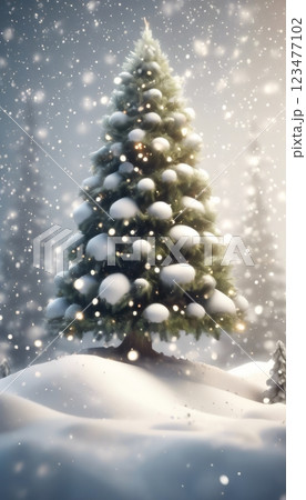 Enchanting snow-covered Christmas tree in dreamy winter landscape with gentle snowfall. Soft light creates serene, magical atmosphere, perfect for holiday cards, seasonal promotions, festive designs. 123477102