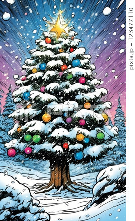 Vibrant Christmas tree illustration with snow-covered branches, colorful ornaments, topped by glowing star. Dynamic snowfall, twilight sky create festive, for holiday card, decoration, advertisement. 123477110