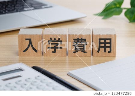 テーブルの上に入学費用と書かれたブロック 123477286