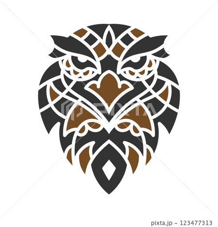 Intricate tribal owl tattoo design with bold geometric patterns in black and brown, symbolizing wisdom, intuition, and spiritual strength. Intricate tribal owl tattoo design with bold geometric patterns in black and brown, symbolizing wisdom, intuition, and spiritual strength. 123477313