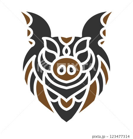 Intricate tribal wild boar tattoo design with bold geometric patterns in black and brown, symbolizing strength, power, and resilience. Intricate tribal wild boar tattoo design with bold geometric patterns in black and brown, symbolizing strength, power, and resilience. 123477314