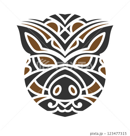 Stylized tribal boar tattoo design featuring intricate geometric patterns in black and brown, symbolizing strength, resilience, and courage. Stylized tribal boar tattoo design featuring intricate geometric patterns in black and brown, symbolizing strength, resilience, and courage. 123477315