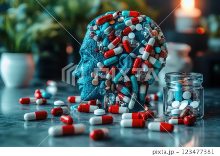 Colorful human head sculpture filled with tablets Colorful human head sculpture filled with tablets 123477381