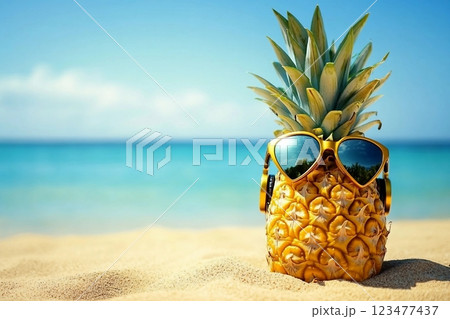 Ripe attractive pineapple in stylish sunglasses heart shape and gold headphones on sand against turquoise sea water. Tropical summer vacation concept. Summer sunny day on the beach of tropical island Ripe attractive pineapple in stylish sunglasses heart shape and gold headphones on sand against turquoise sea water. Tropical summer vacation concept. Summer sunny day on the beach of tropical island 123477437