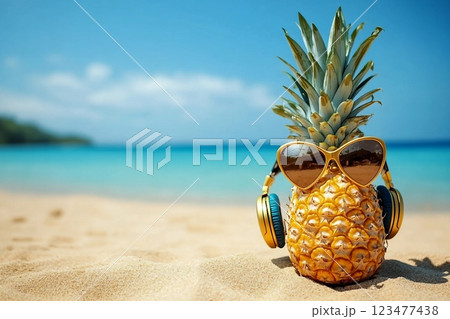 Ripe attractive pineapple in stylish sunglasses heart shape and gold headphones on sand against turquoise sea water. Tropical summer vacation concept. Summer sunny day on the beach of tropical island 123477438