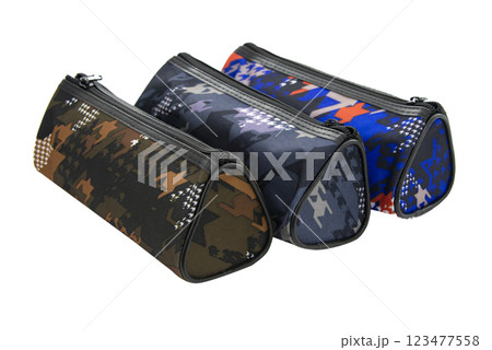 Multicolored pencil pen case container isolated on the white background Multicolored pencil pen case container isolated on the white background 123477558