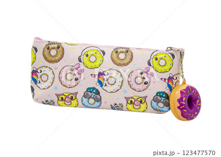 Multicolored pencil pen case container isolated on the white background 123477570