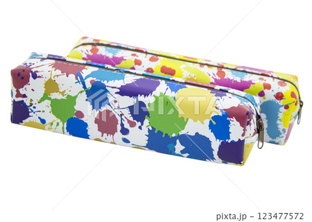 Multicolored pencil pen case container isolated on the white background 123477572