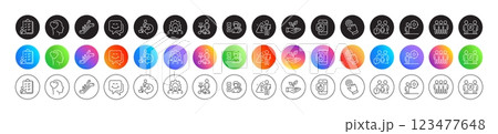 Opinion, Delegate work and Escalator line icons. Round icon gradient buttons. Pack of Business target, Helping hand, Cursor icon. Friend, Discrimination, Checklist pictogram. Vector 123477648