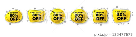 Get Extra 80 percent off Sale. Speech bubble 3d icons set. Discount offer price sign. Special offer symbol. Save 80 percentages. Extra discount chat talk message. Vector Get Extra 80 percent off Sale. Speech bubble 3d icons set. Discount offer price sign. Special offer symbol. Save 80 percentages. Extra discount chat talk message. Vector 123477675