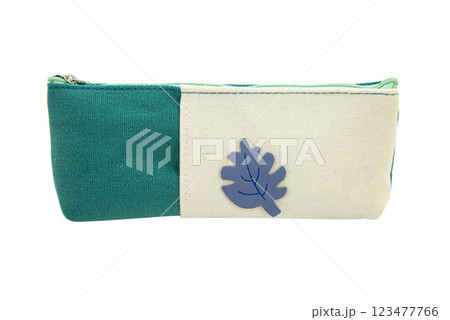 Multicolored pencil pen case textile container isolated on the white background 123477766