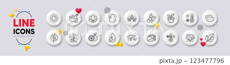 Orange, Lotus and Organic tested line icons. White buttons 3d icons. Pack of Salad, Vitamin e, Thermometer icon. Weather thermometer, Sun, Vegetables pictogram. Antistatic, Water drop, Co2 gas. Vector 123477796