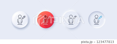 People vaccination line icon. Neumorphic, Red gradient, 3d pin buttons. Vaccine syringe sign. Man jabbed symbol. Line icons. Neumorphic buttons with outline signs. Vector 123477813