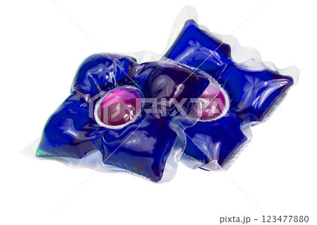 Washing gel capsule powder for cloth isolated on the white background 123477880