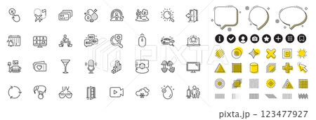 Set of Notification calendar, Search and Medical vaccination line icons for web app. Design elements, Social media icons. Video camera, Card, Teamwork icons. Vector Set of Notification calendar, Search and Medical vaccination line icons for web app. Design elements, Social media icons. Video camera, Card, Teamwork icons. Vector 123477927