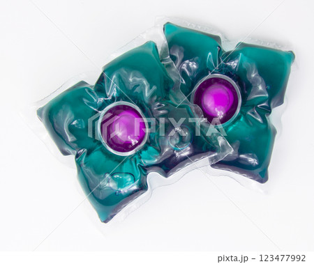 Washing gel capsule powder for cloth isolated on the white background 123477992