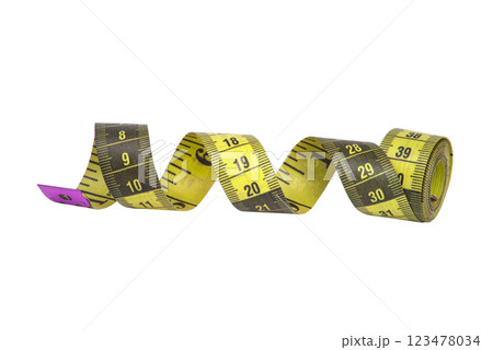 Spiral colored tape measure rolled isolated on the white background 123478034