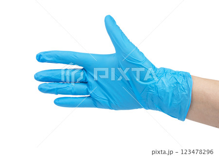 Blue nitrile medical gloves on hands isolated on the white 123478296