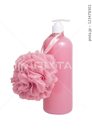 Pink shower gel bottle and sponge for bath isolated on the white background 123478301