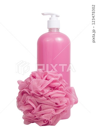 Pink shower gel bottle and sponge for bath isolated on the white background Pink shower gel bottle and sponge for bath isolated on the white background 123478302