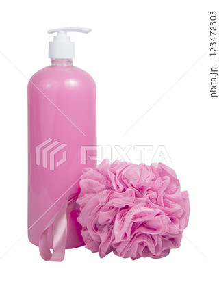 Pink shower gel bottle and sponge for bath isolated on the white background 123478303