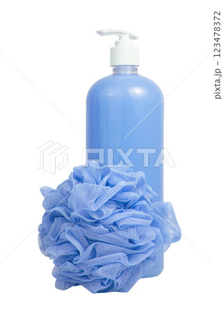Blue shower gel bottle and sponge for bath isolated on the white background Blue shower gel bottle and sponge for bath isolated on the white background 123478372