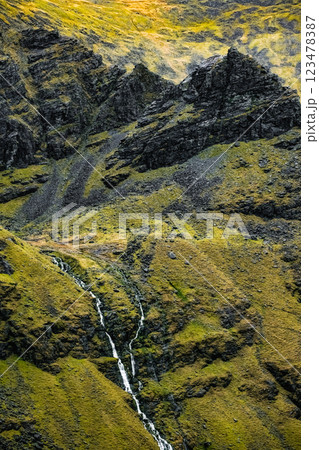 A breathtaking landscape of lush hills and flowing streams beneath dramatic mountain peaks, the Carrauntoohil Way in Ireland. A breathtaking landscape of lush hills and flowing streams beneath dramatic mountain peaks, the Carrauntoohil Way in Ireland. 123478387