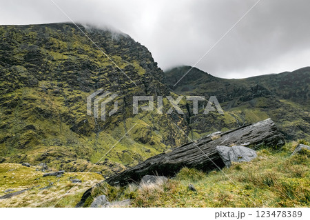 The Carrauntoohil Trail in Ireland is surrounded by lush greenery and towering mountains under a cloudy sky. It captures the natural beauty and atmosphere of the area. The Carrauntoohil Trail in Ireland is surrounded by lush greenery and towering mountains under a cloudy sky. It captures the natural beauty and atmosphere of the area. 123478389