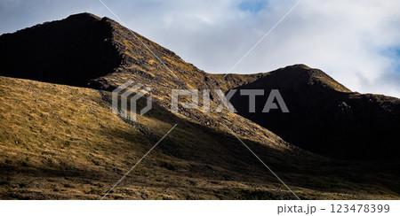 The Carrauntoohil Walk, surrounded by breathtaking scenery and shifting shadows in the mountains of Ireland. The atmosphere is both tranquil and exhilarating. The Carrauntoohil Walk, surrounded by breathtaking scenery and shifting shadows in the mountains of Ireland. The atmosphere is both tranquil and exhilarating. 123478399