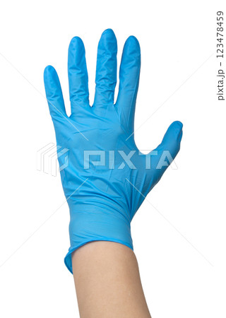 Blue nitrile medical gloves on hands isolated on the white 123478459