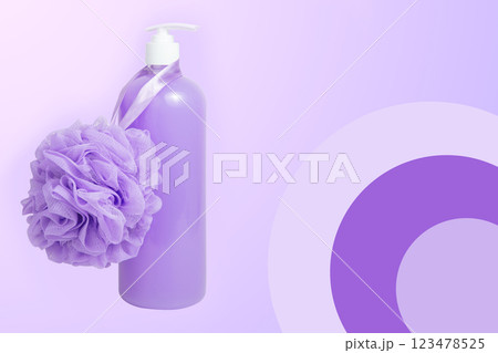 Violet shower gel bottle and sponge for bath postcard background 123478525