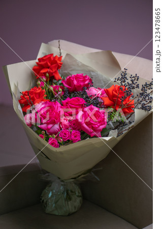 Beautiful Bouquet of magenta fuchsia color roses 123478665