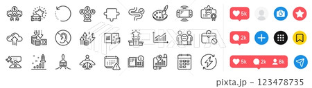 Vip certificate, Court judge and Calendar line icons pack. Social media icons. Brush, Graph, Palette web icon. Report document, Puzzle, No hearing pictogram. Vector Vip certificate, Court judge and Calendar line icons pack. Social media icons. Brush, Graph, Palette web icon. Report document, Puzzle, No hearing pictogram. Vector 123478735