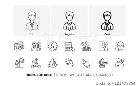 Professional, Leadership and Contactless payment line icons. Pack of Stop shopping, Delivery bike, Thermometer icon. Businessman, Idea, Growth chart pictogram. Face search, Cursor. Line icons. Vector 123478754