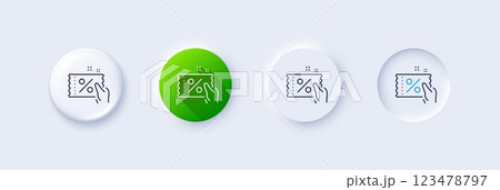 Discount coupon line icon. Neumorphic, Green gradient, 3d pin buttons. Sale offer sign. Promotion price symbol. Line icons. Neumorphic buttons with outline signs. Vector 123478797