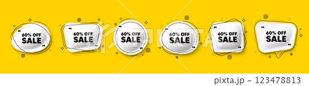 Sale 60 percent off discount. Speech bubble 3d icons set. Promotion price offer sign. Retail badge symbol. Sale chat talk message. Speech bubble banners with comma. Text balloons. Vector 123478813