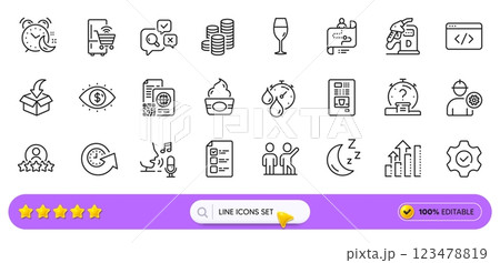 Update time, Analysis graph and Engineer line icons for web app. Pack of Coffee vending, Execute, Diesel station pictogram icons. Qr code, Coins, Human rating signs. Journey path. Search bar. Vector Update time, Analysis graph and Engineer line icons for web app. Pack of Coffee vending, Execute, Diesel station pictogram icons. Qr code, Coins, Human rating signs. Journey path. Search bar. Vector 123478819