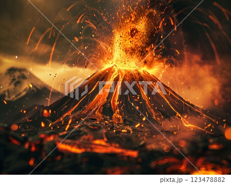 Imagination of a Volcano eruption near Santorini island. A dramatic scene unfolds as lightning strikes a violently erupting volcano. 123478882